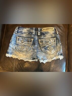 Rock Revival Distressed Light Blue Denim Shorts with Lace Trim